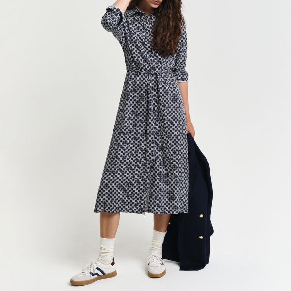 Blue Slim Geometric Printed Shirt Dress