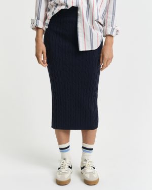 Blue Stretch Cotton Cable Midi Skirt