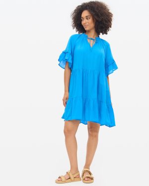 Blue Tie-Neck Beach Smock Dress