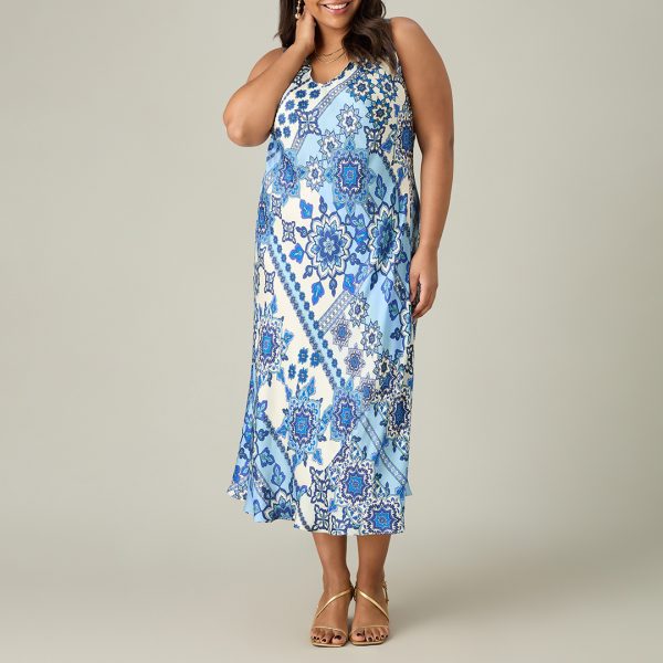 Blue Tile Print Bias Slip Dress