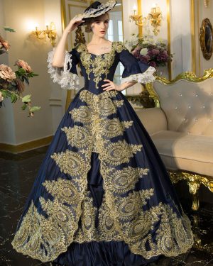 Blue Victorian Rococo Embroidered Bell Sleeve Lace Up Tunic Renaissance Gown Dress