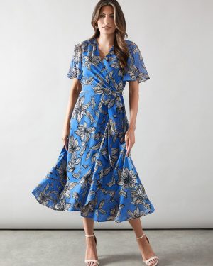 Blue WALLIS Floral Ruffle Wrap Belted Midi Dress