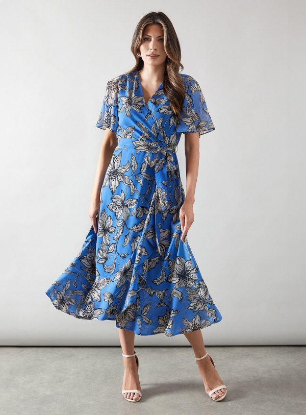 Blue WALLIS Floral Ruffle Wrap Belted Midi Dress