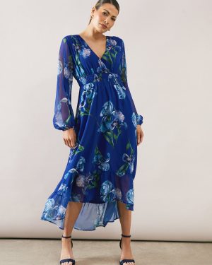 Blue WALLIS Floral Shirred Waist High Low Midi Dress