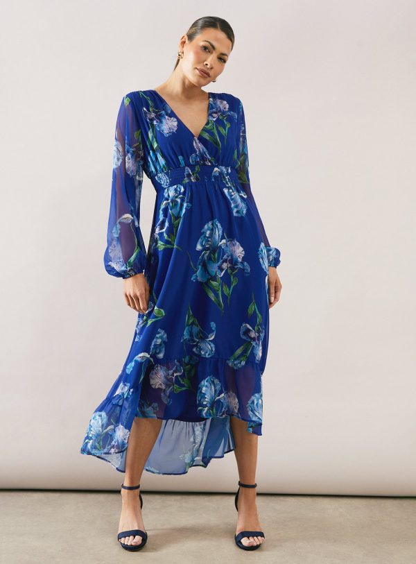 Blue WALLIS Floral Shirred Waist High Low Midi Dress