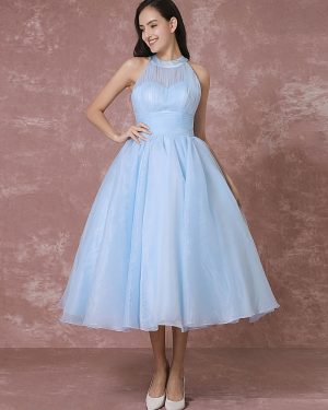 Blue Wedding Dress Short Tulle Vintage Bridal Dress Halter Backless Ball Gown Cocktail Dress Tea-length Party Dress Milanoo