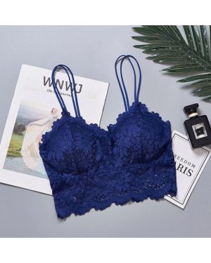 (Blue, XL) Womens Backless Lace Floral Bralette Crop Top Bra