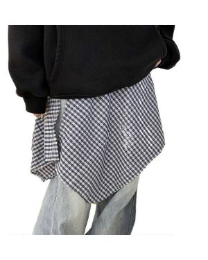 (Blue and black plaid) Women Checkered Layering Wrap Skirt A Line Detachable Underskirt Tie Up Asymmetrical Hip Scarf Shirt Extender Streetwear Blue
