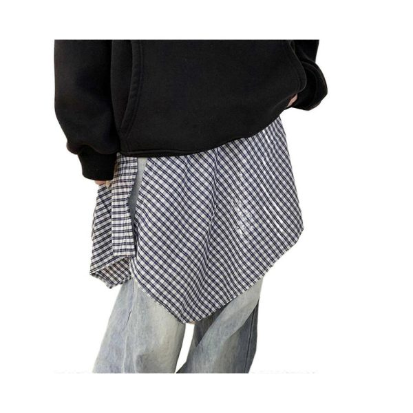 (Blue and black plaid) Women Checkered Layering Wrap Skirt A Line Detachable Underskirt Tie Up Asymmetrical Hip Scarf Shirt Extender Streetwear Blue