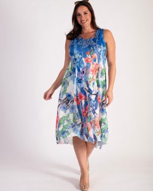 Blue/Multi Tropical Flowers Mesh Cut-Out Detail Sleeveless Dress