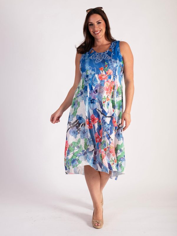 Blue/Multi Tropical Flowers Mesh Cut-Out Detail Sleeveless Dress