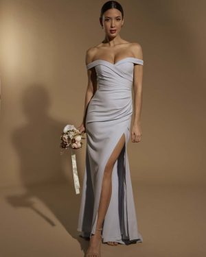 Bluebell Bardot Maxi Dress With Thigh Split And Button Back, UK 18 / US 14 / EU 46 / Powder Blue