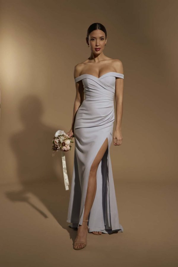 Bluebell Bardot Maxi Dress With Thigh Split And Button Back, UK 18 / US 14 / EU 46 / Powder Blue