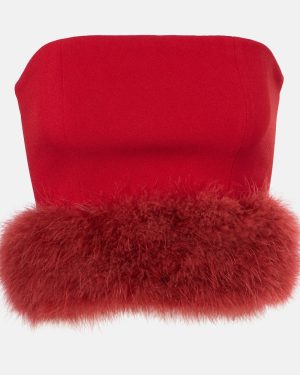 Blumarine Feather-trimmed crepe crop top