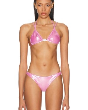 Blumarine Laminated Bikini Top in Wild Rose - Pink. Size L (also in M, S, XS).