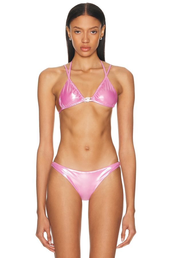 Blumarine Laminated Bikini Top in Wild Rose - Pink. Size L (also in M, S, XS).
