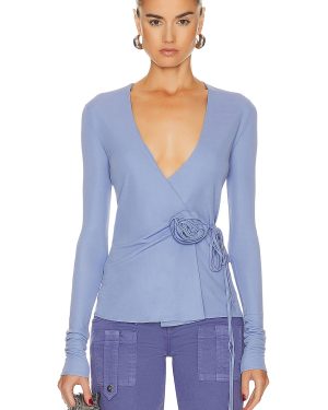 Blumarine Long Sleeve Wrap Top in Jasmine - Blue. Size 36 (also in 38, 40, 42).