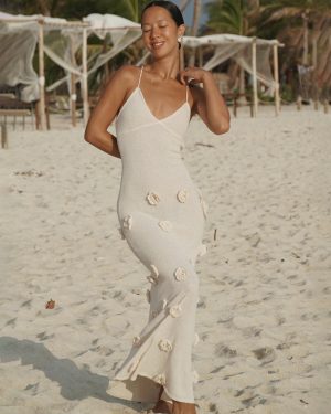 Bodycon Dress 3D Flower Spaghetti Strap Halter Backless Vacation Maxi Dresses