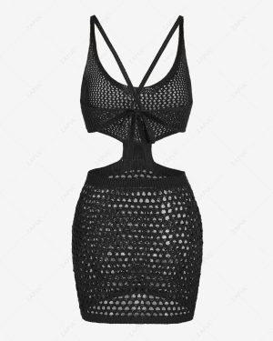 Bodycon Dress Criss Cross Openwork Knitted Cutout See Thru Beach Dress M Black