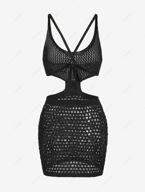 Bodycon Dress Criss Cross Openwork Knitted Cutout See Thru Beach Dress M Black