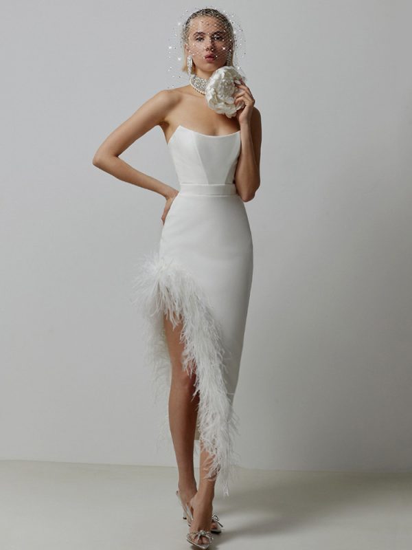 Bodycon Dress Feather Trim Off The Shoulder Asymmetrical Party Club Dresses
