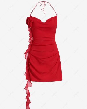 Bodycon Dress Sexy 3D Flower Rosette Decor Backless Tie Cowl Neck Flounce Ruched Mini Club Vegas Dress M Red