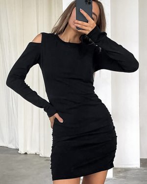 Bodycon Dress With Cut-Out Shoulder Long Sleeve Jewel Neck Slim Fit Sexy Mini Dress For Women 2025