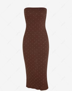 Bodycon Dress Women's Sexy Party Rhinestone Decorated Back Slit Bandeau Strapless Midi Pencil Bodycon Dress S Coffee
