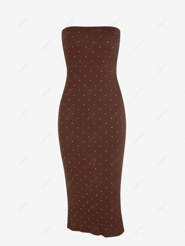 Bodycon Dress Women's Sexy Party Rhinestone Decorated Back Slit Bandeau Strapless Midi Pencil Bodycon Dress S Coffee