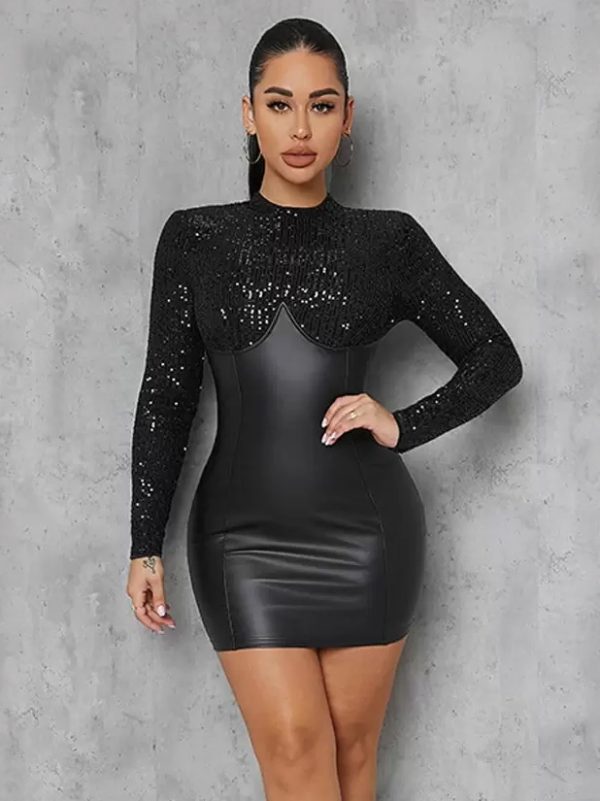 Bodycon Dresses Black Jewel Neck Sequins Sexy Long Sleeves Pencil Dress