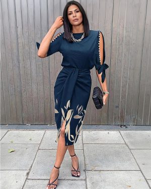 Bodycon Dresses Dark Navy Floral Print Half Sleeves Sexy Jewel Neck Open Shoulder Midi Dress