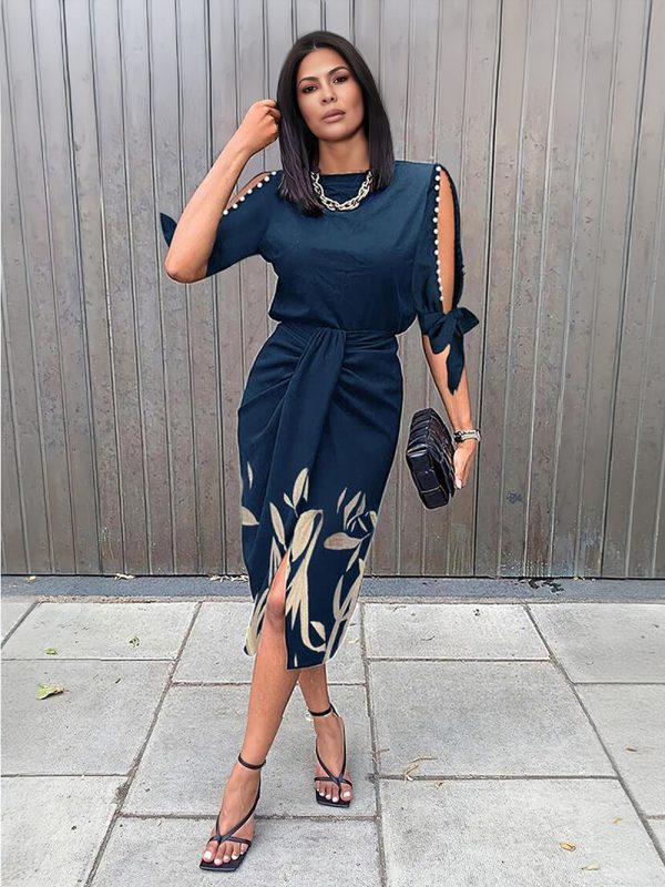 Bodycon Dresses Dark Navy Floral Print Half Sleeves Sexy Jewel Neck Open Shoulder Midi Dress
