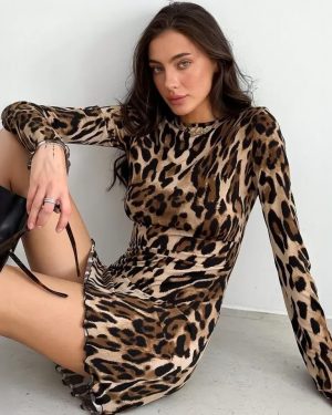 Bodycon Dresses Leopard Leopard Print Long Sleeves Chic Jewel Neck Sheath Dress Sheath Dress