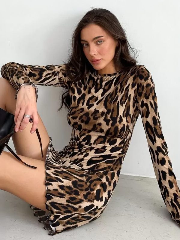 Bodycon Dresses Leopard Leopard Print Long Sleeves Chic Jewel Neck Sheath Dress Sheath Dress