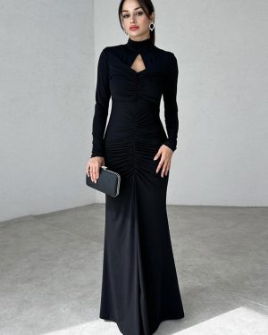 Bodycon Dresses Purple Long Sleeves Cut Out Chic High Collar Body-conscious Dress Sheath Dress