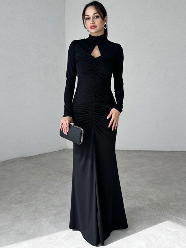 Bodycon Dresses Purple Long Sleeves Cut Out Chic High Collar Body-conscious Dress Sheath Dress