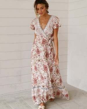 Bohemian Dresses Women Summer Tea Dress V Neck Short Sleeves Floral Print Split Beach Dress
