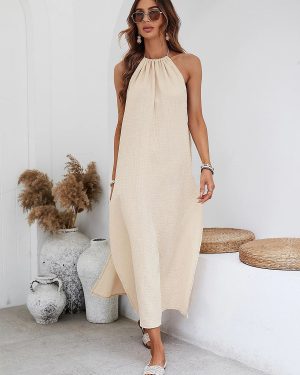 Boho Dress Halter Open Back Slit Summer Beach Casual Maxi Dresses