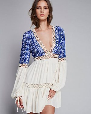 Boho Dress Long Bishop Sleeves Deep V-neck Embroidered Bohemian Gypsy Beach Vacation White Cotton Spring Summer Short Skater Dress For Women