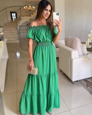 Boho Dress Off The Shoulder Pleated Tiered Casual Summer Maxi Dresses