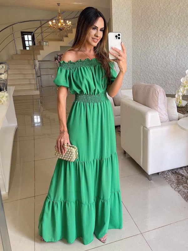 Boho Dress Off The Shoulder Pleated Tiered Casual Summer Maxi Dresses