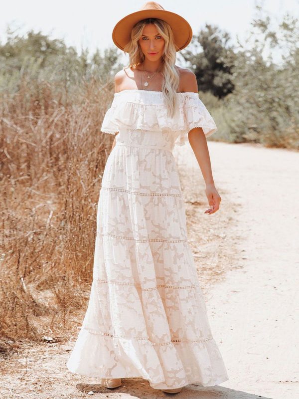 Boho Maxi Dress Off Shoulder White Flower A-line Layered Hem Long Dress For Women