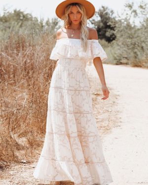 Boho Maxi Dress Off Shoulder White Flower A-line Layered Hem Long Dress For Women