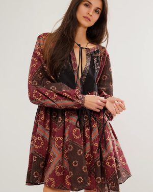 Boho Printed Long Sleeve Mini Shift Dress For Women 2025