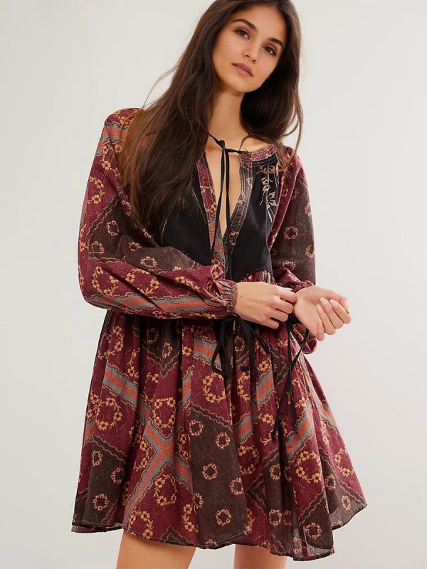 Boho Printed Long Sleeve Mini Shift Dress For Women 2025