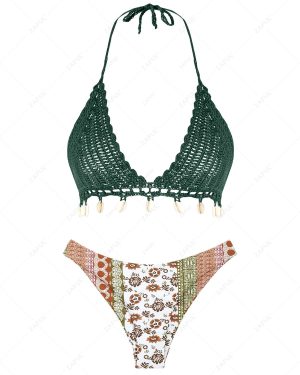 Boho Shell Tassel Crochet Floral Print Cheeky Bikini Swimwear Deep green