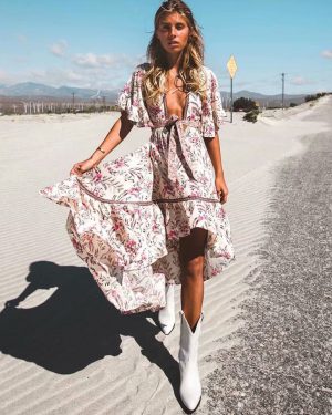 Boho Summer Dress V Neck Short Sleeves Printed High Low Cut Out Beach Dress