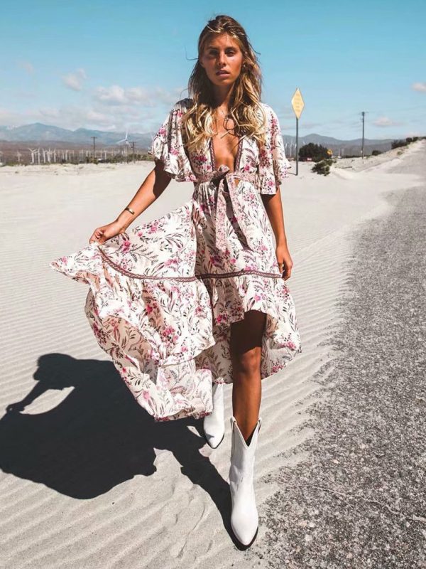 Boho Summer Dress V Neck Short Sleeves Printed High Low Cut Out Beach Dress