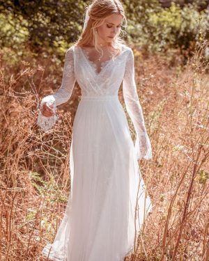Boho Wedding Dress Lace A-Line With Train Backless Long Sleeves V-Neck White Hippie Bridal Dresses Free Customization
