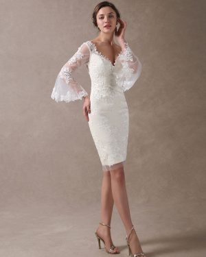 Boho Wedding Dresses Short Sheath Beach Bridal Dress Bell Sleeve Lace Applique V Neck Knee Length Summer Wedding Gowns